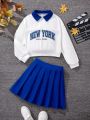 SHEIN Girls' Knit Solid Color Long Sleeve Sweatshirt With Faux Collar And A-line Skirt, Casual 2pcs/set