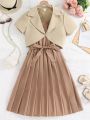 Teenage Girls' Lapel Collar Short Sleeve Blazer And Belted Cami Dress Set