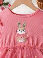 Young Girl Rabbit Print Ruffle Trim Mesh Hem Dress