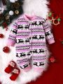 Baby Girl Christmas Print Button Front Baseball Collar Jumpsuit