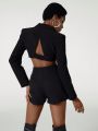 Mauricio Caetano Solid Lapel Neck Cut Out Crop Blazer