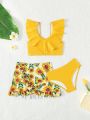 Little Girl'S Ear-Trimmed Sunflower Print Swimsuit Set