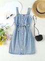 Tween Girls' Casual Belted Denim Jumpsuit Dress With Suspender Strap