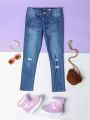 Tween Girls' Distressed Washed Jeans With Holes