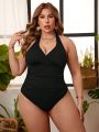 SHEIN Swim Vcay Plus Size Women'S Ruched Deep V-Neck Halter One-Piece Swimsuit