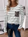 SHEIN LUNE Striped & Leopard Print Patched Pocket Tee