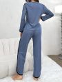 Color-Blocking Stitched Ribbed Knit Pajama Set