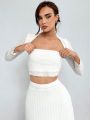 SHEIN Privé Solid Color Ribbed Knit Lace Trimmed Two Piece Set