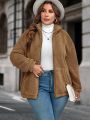 SHEIN Clasi Women's Plus Size Zipper Front Oversized Fluffy Jacket With Drop Shoulders