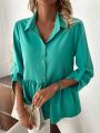 Solid Color Roll-Up Sleeves Half Buttoned Casual Shirt