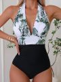 SHEIN Swim Summer Beach Tropical Print Halter One Piece Swimsuit