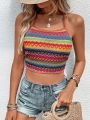 SHEIN VCAY Geo Print Tie Backless Crop Halter Top