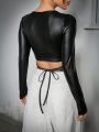 SHEIN Coolane Wrap Collar Pu Leather T-shirt