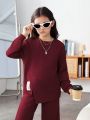 SHEIN Kids EVRYDAY Teenage Girls' Knitted Letter Patchwork Sweater & Loose Fit Long Pants Casual 2pcs Set