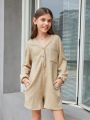 SHEIN Kids EVRYDAY Big Girls' Knitted Solid V-neck Half-buttoned Loose Jumpsuit