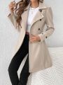 SHEIN Frenchy Women's Solid Color Lapel Double-breasted Wool Coat With Waist Belt