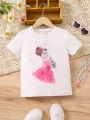 SHEIN Kids CHARMNG Little Girls' Fashionable Printed Short Sleeve T-Shirt