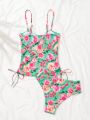 SHEIN Swim BohoFeel Women's Floral Printed Pleated Cami Tank Bikini Swimwear