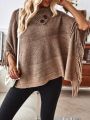 Button Detail Fringe Trim Batwing Sleeve Cowl Neck Poncho Sweater