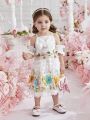 Baby Girl Hollowed Top Bowknot Embellished Embroidered Mesh Dress