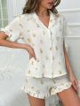 Floral Print Ruffle Trim PJ Set