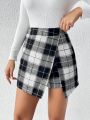 SHEIN LUNE Women's Black & White Grid Design Wrap Front Overlap Shorts