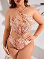 SHEIN Swim Vcay Plus Size Marble Printed Round Ring Decor Cut Out Halter One Piece Swimsuit