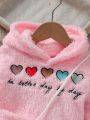 SHEIN Kids Y2Kool Girls' Love Heart & Letter Embroidered Hooded Fleece Sweatshirt & Pants With Cross-Body Bag, Autumn