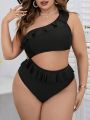 SHEIN Swim Chicsea Ladies' Plus Size One Shoulder Lace Decor Hollow Out Swimsuit