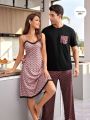 Ladies' Full Print Heart-Shaped Pattern Lace Trimmed Spaghetti Strap Nightgown