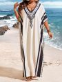 SHEIN Swim Vcay Plus Size V-Neck Printed Long Beach Cover Up