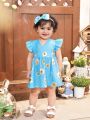 SHEIN Baby Girl Summer Holiday Flower Pattern Flutter Sleeve Dress With Headband Set