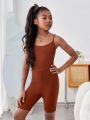 SHEIN Kids Cooltwn Tween Girls' Casual Street Woven Solid Color Long Sleeve Jacket With Suspender Jumpsuit