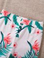 SHEIN Kids CHARMNG Little Girls' Tropical Printed Kimono Top And Wide-Leg Pants And Colorblock Cami Top 3pcs Outfit