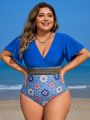 SHEIN Swim BohoFeel Plus Size Print Splicing One Piece Swimsuit