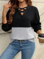 Women's Color Block Crisscross V-neck Sweatshirt