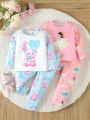 Infant Girls' Cute Cartoon Print Long Sleeve T-Shirt And Pants 4pcs Outfit Set For Autumn