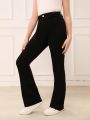 Teen Girls' Stretchy Flared Black Jeans With Stone Washed Effect