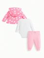 SHEIN Newborn Baby Girls' Letter Printed Long Sleeve Jumpsuit, Dotted Ruffle Trim Hoodie, Striped Pants 3pcs Outfit Set