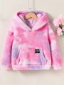 Young Girl Tie Dye Letter Patched Kangaroo Pocket Drop Shoulder Teddy Hoodie