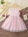 SHEIN Kids SUNSHNE Young Girl Light Pink 3d Butterfly Romantic Sweet Comfortable Spaghetti Strap Dress For Summer