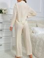 Contrast Lace Trim Drop Shoulder PJ Set