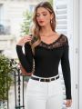 SHEIN Frenchy Women Plain Color Stretch Lace Spliced Slim-Fitted Long-Sleeve T-Shirt,Valentine's Day T-Shirt