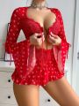 Ladies' Sexy Lingerie 3pcs/Set - Front-Buttoned Wide-Sleeved Top + T-Back Panties + Skirt (Valentine's Day Edition)