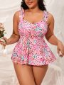 SHEIN Swim Mod Plus Size Floral Printed Two-Piece Swimsuit With Tank Top And Bottoms