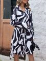 Printed Long Sleeve Dress With Waist Belt