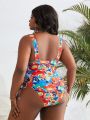 SHEIN Swim Vcay Plus Size Full Printed Drawstring Side One-Piece Swimsuit