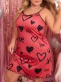 Plus Size Women's Lettuce Trim Heart Print Slip Dress, Home Wear