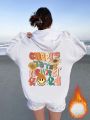 Women's Cartoon & Slogan Printed Hooded Fleece Sweatshirt With Drawstring