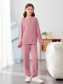 SHEIN Kids EVRYDAY Tween Girls' Solid Color Knitted Half-zip Loose Casual Top And Loose Knit Casual Pants Two Piece Set